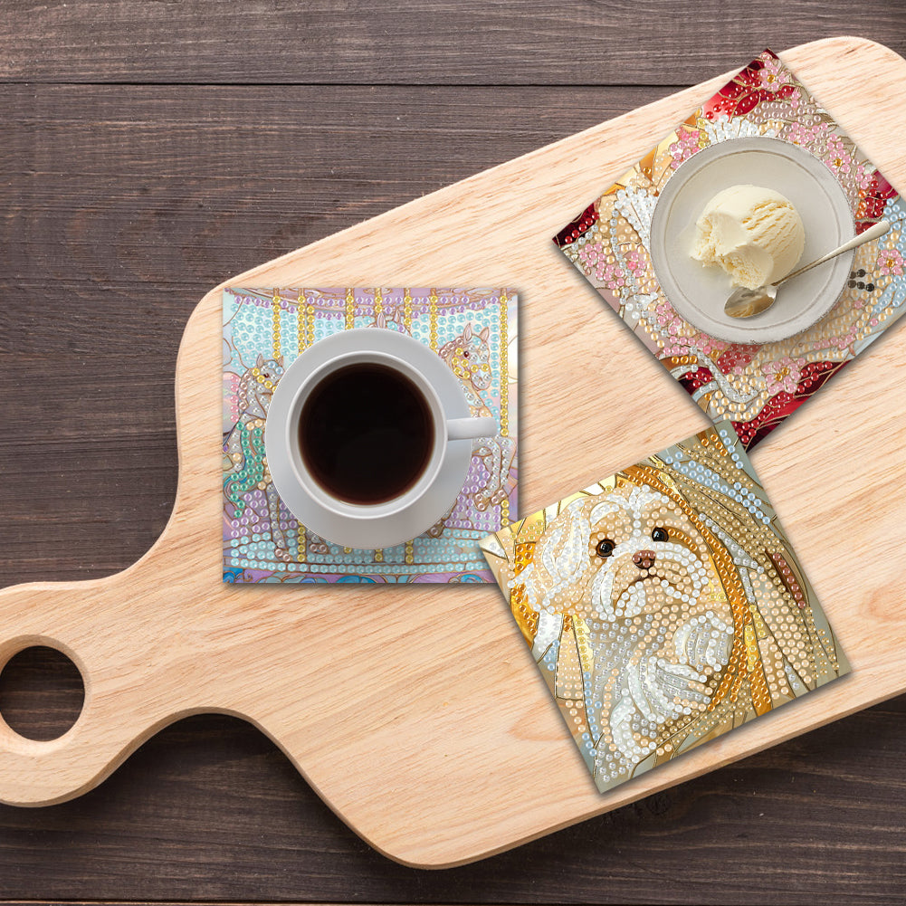 6Pcs Wooden Beautiful Pattern DIY Diamond Painting Coaster Art with Storage Rack