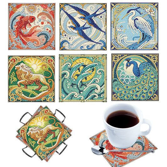6Pcs Wooden Beautiful Pattern DIY Diamond Painting Coaster Art with Storage Rack