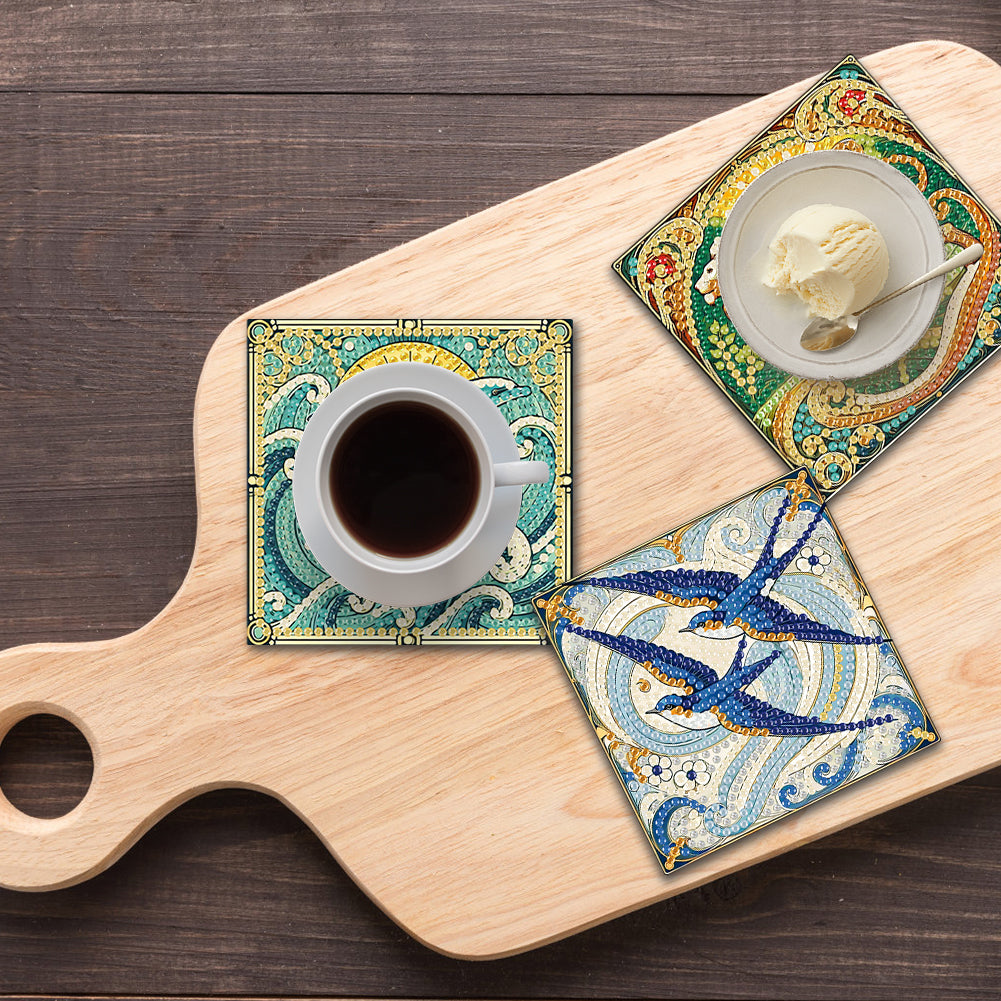 6Pcs Wooden Beautiful Pattern DIY Diamond Painting Coaster Art with Storage Rack