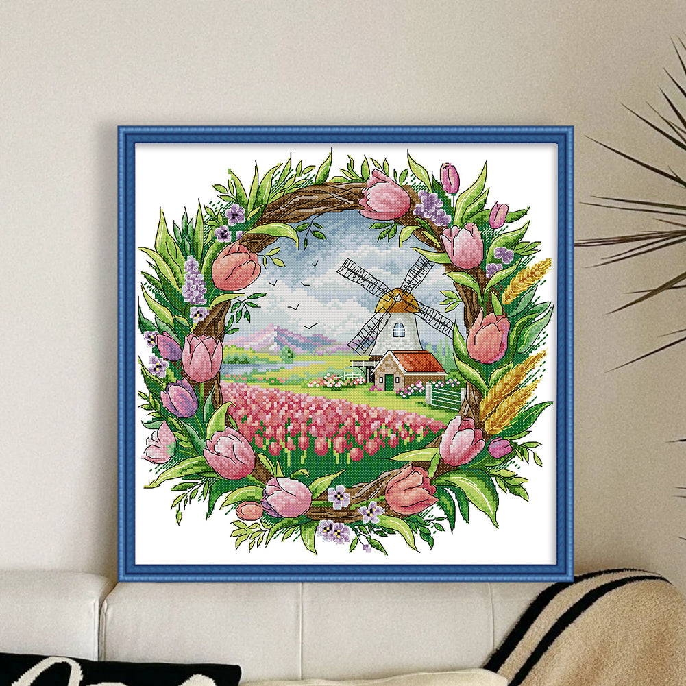 Spring Scene In Wreath - 14CT Stamped Cross Stitch 35*35CM(Joy Sunday)