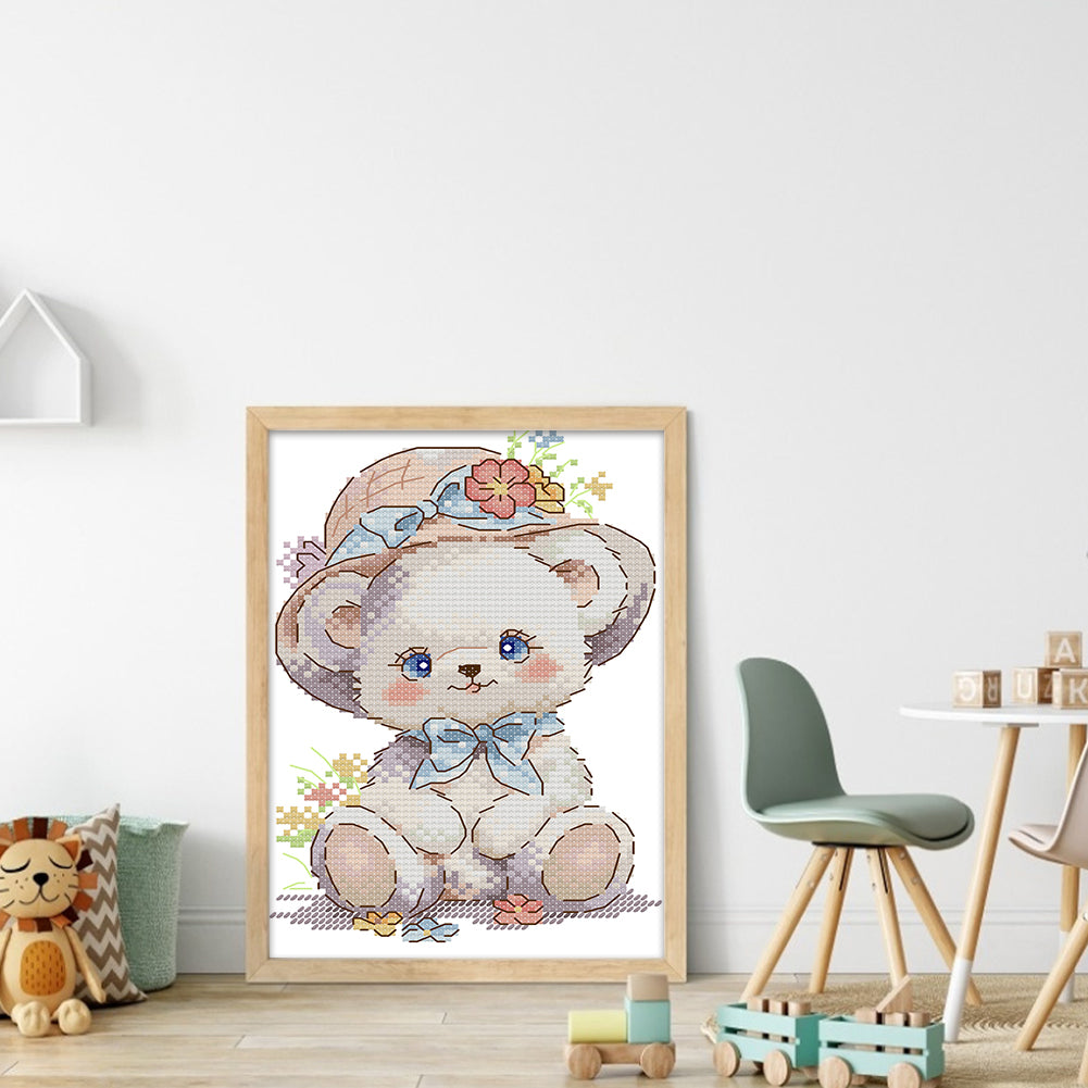 Bear Wearing A Flower Hat - 14CT Stamped Cross Stitch 15*21CM(Joy Sunday)