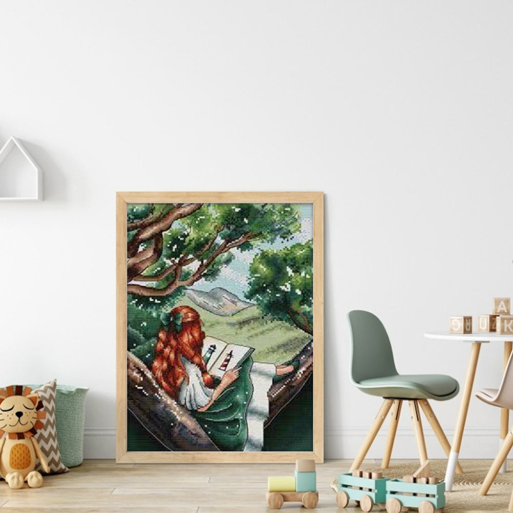 Girl With Back View - Girl Reading On Book - 14CT Stamped Cross Stitch 29*37CM(Xiaobai Brand)