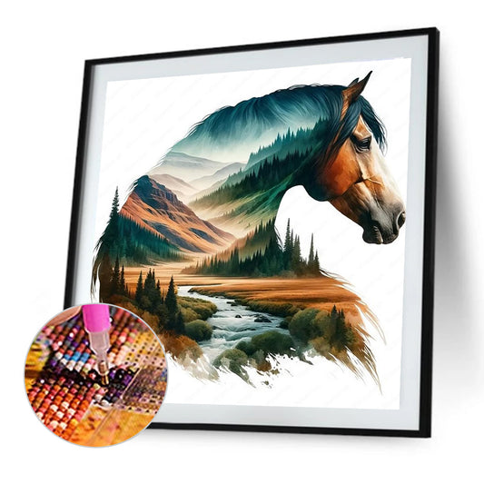 Mountain Silhouette Horse - Full Round Drill Diamond Painting 40*40CM