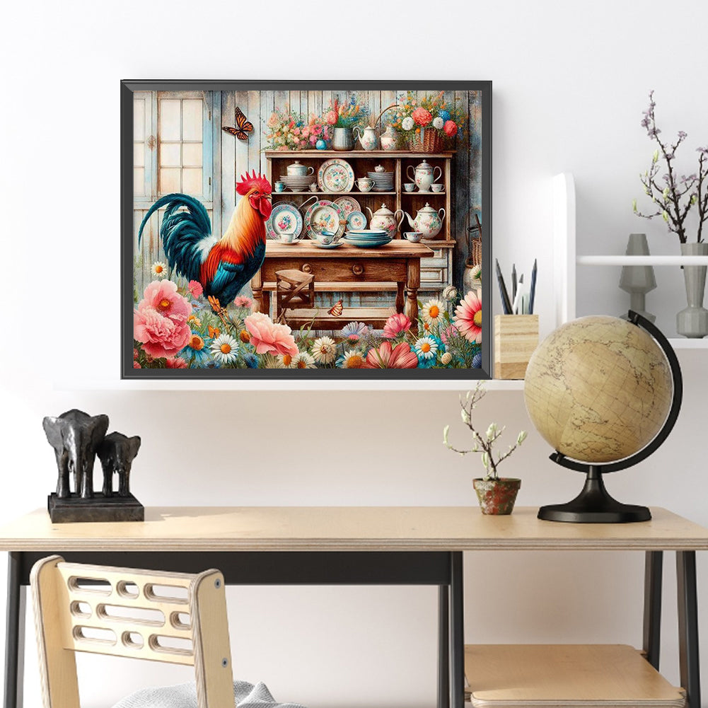 Retro Rooster Kitchen - Full Round Drill Diamond Painting 50*40CM