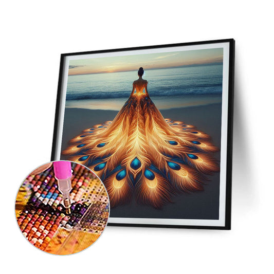 Feather Skirt Back Girl - Full Round Drill Diamond Painting 40*40CM