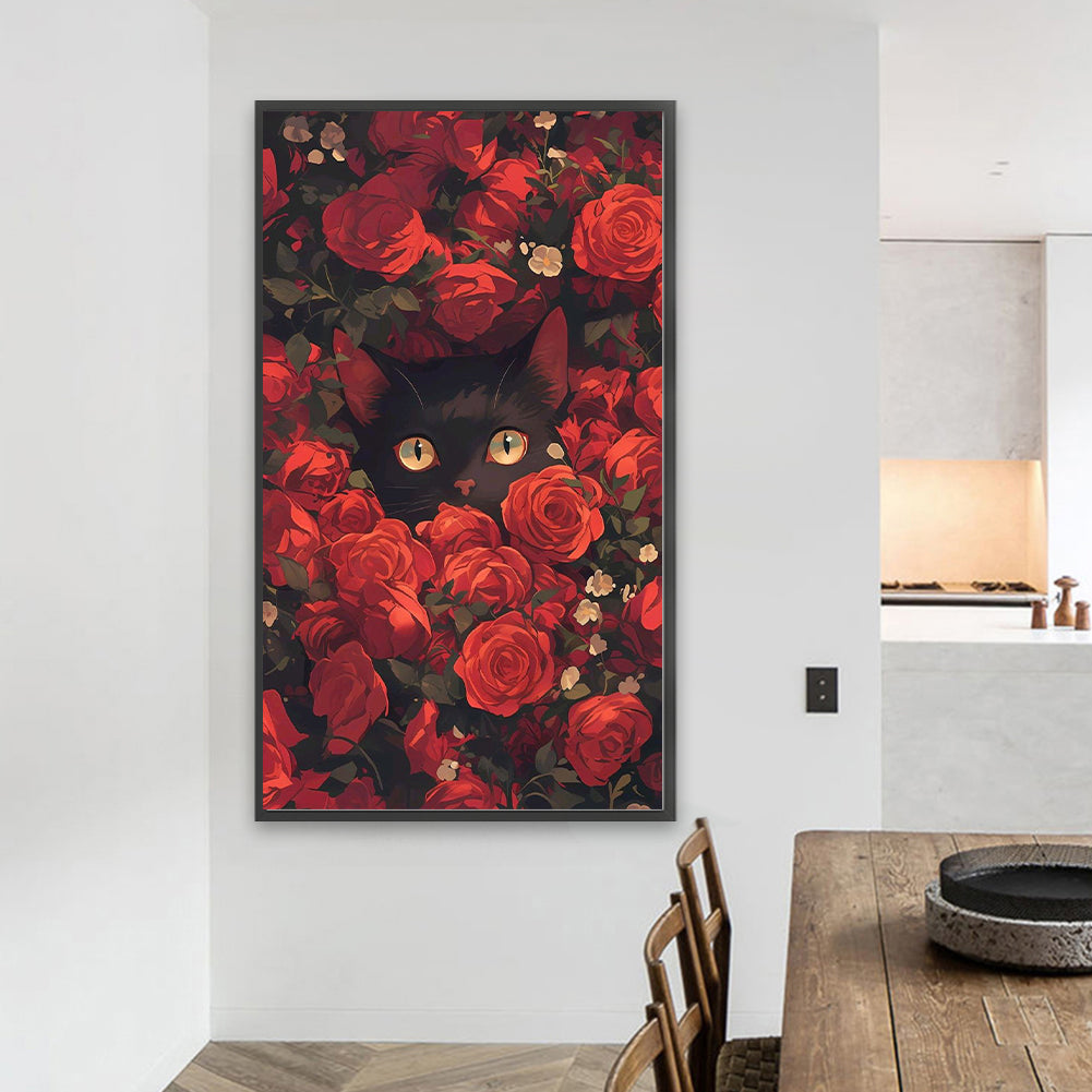 Cat In Red Rose - Full Round Drill Diamond Painting 40*70CM