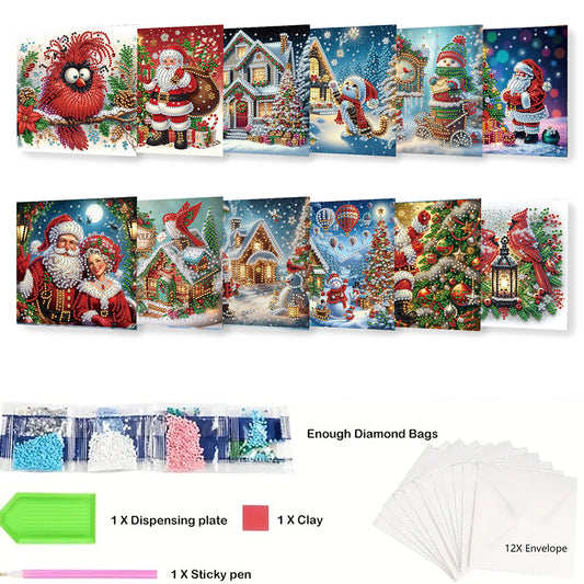 12PCS DIY Diamond Art Greeting Cards Xmas Designs for Festivals and Celebrations