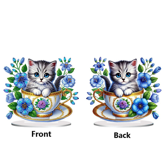 2D Flat Print Teacup Cat DIY Desktop Diamond Art Kits Bedroom Table Decoration