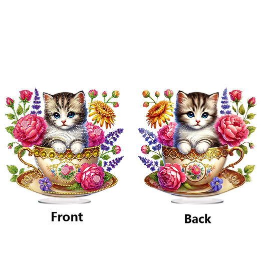 2D Flat Print Teacup Cat DIY Desktop Diamond Art Kits Bedroom Table Decoration