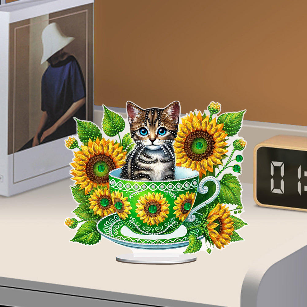 2D Flat Print Teacup Cat DIY Desktop Diamond Art Kits Bedroom Table Decoration