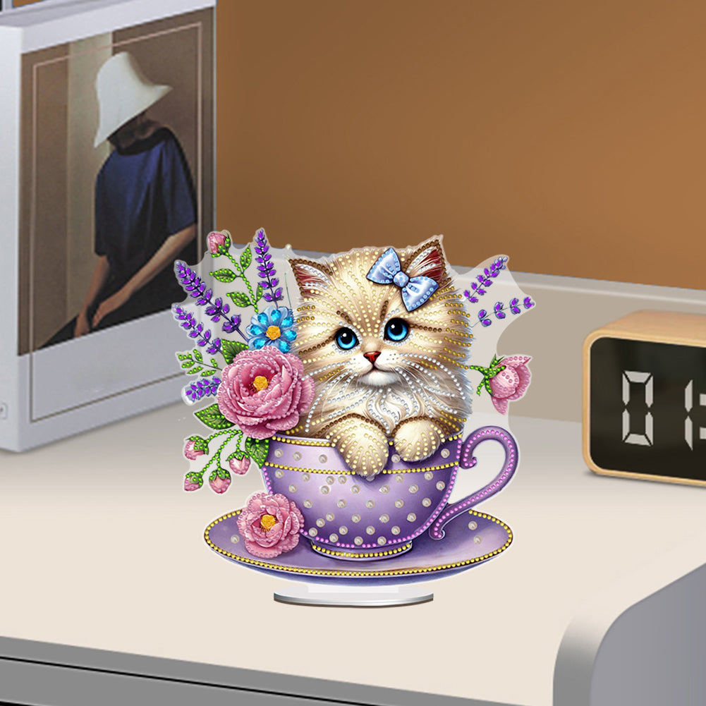 2D Flat Print Teacup Cat DIY Desktop Diamond Art Kits Bedroom Table Decoration