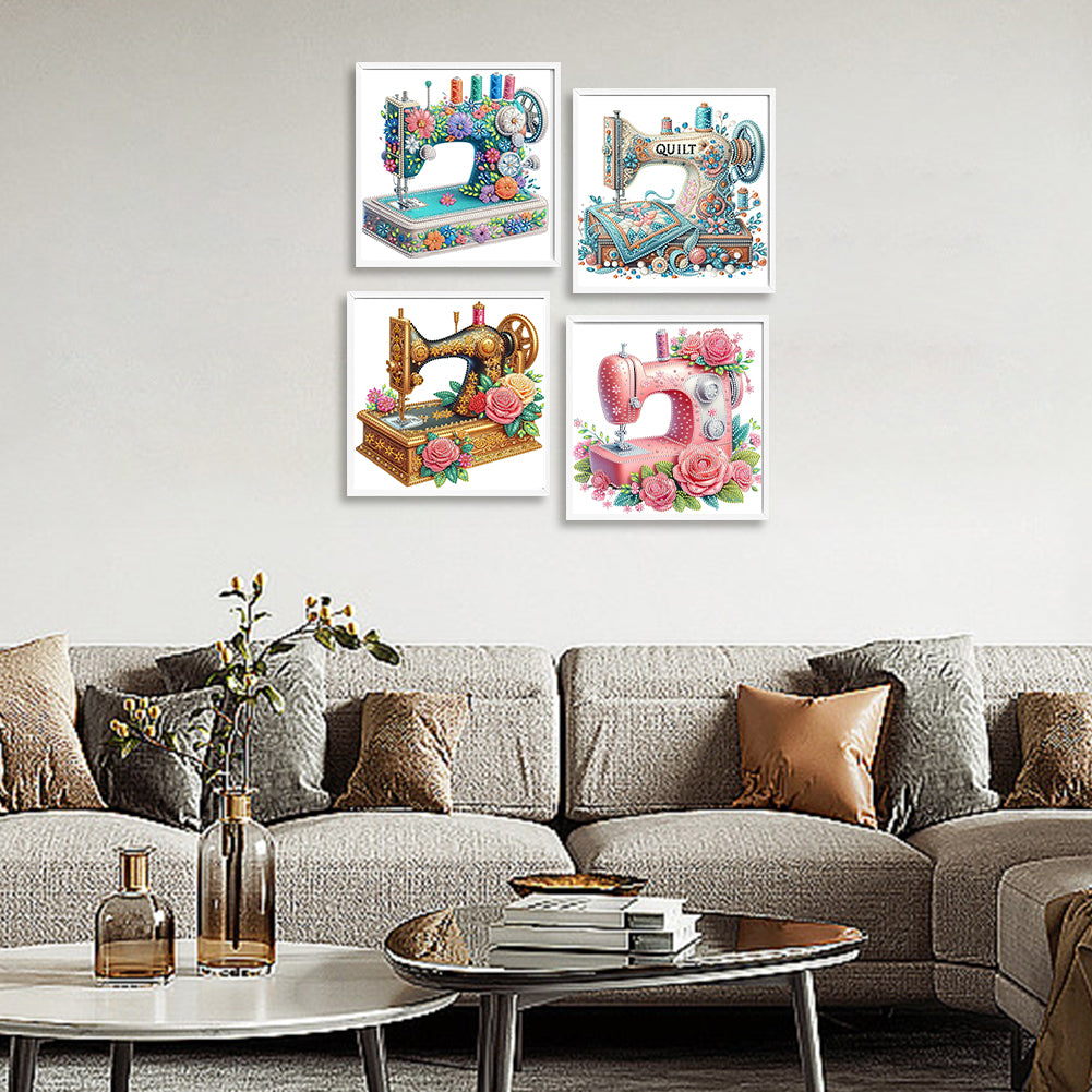 4 Pcs Sewing Machine And Flowers - Special Shaped Drill Diamond Painting 30*30CM