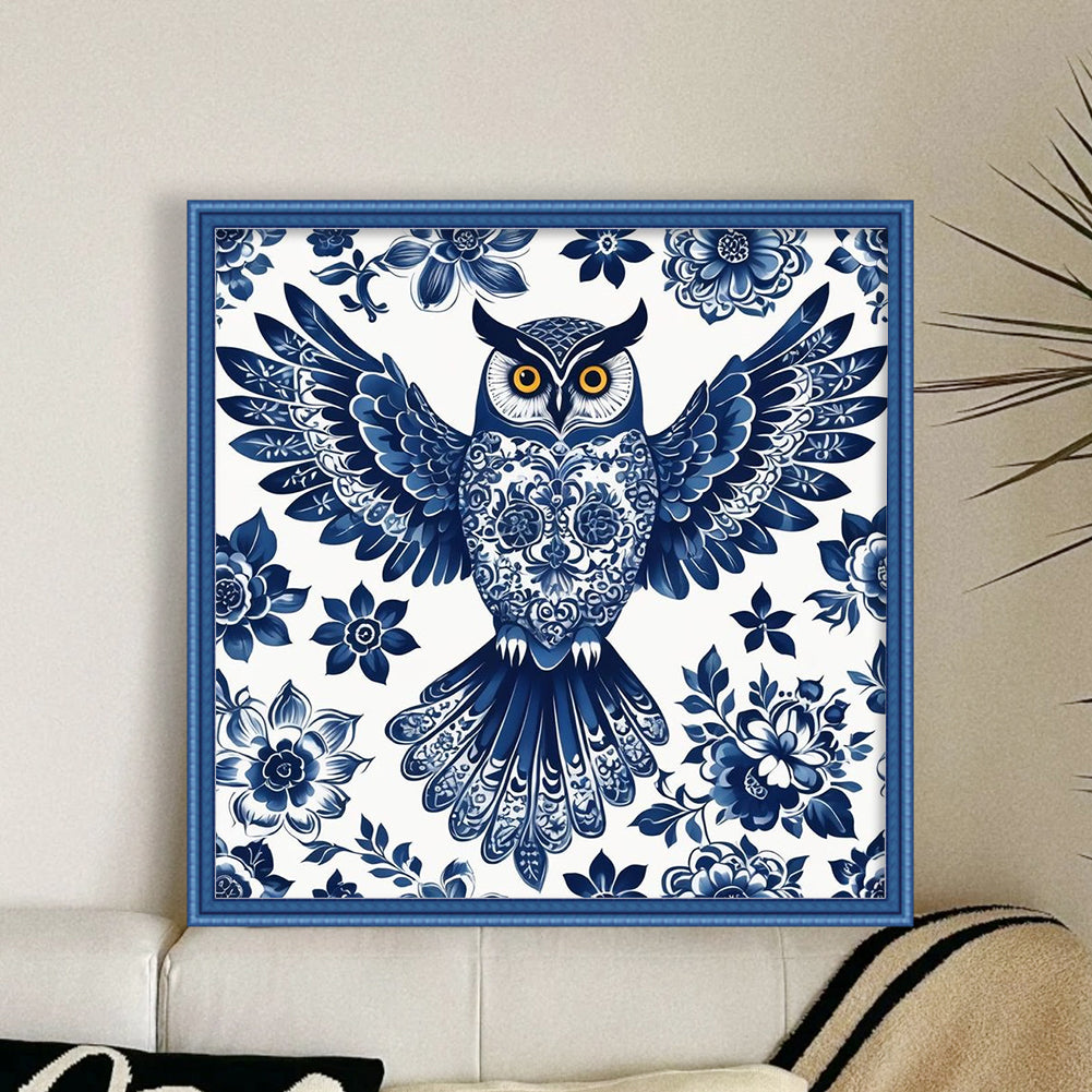 Blue And White Owl - 11CT Stamped Cross Stitch 50*50CM