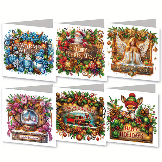 6PCS DIY Diamond Art Greeting Cards Xmas Designs for Festivals and Celebrations