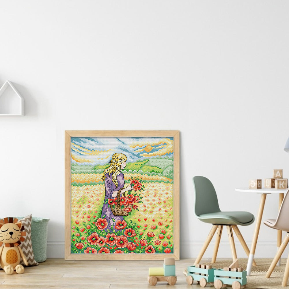 Girl Picking Flowers - 14CT Stamped Cross Stitch 31*34CM (Joy Sunday)