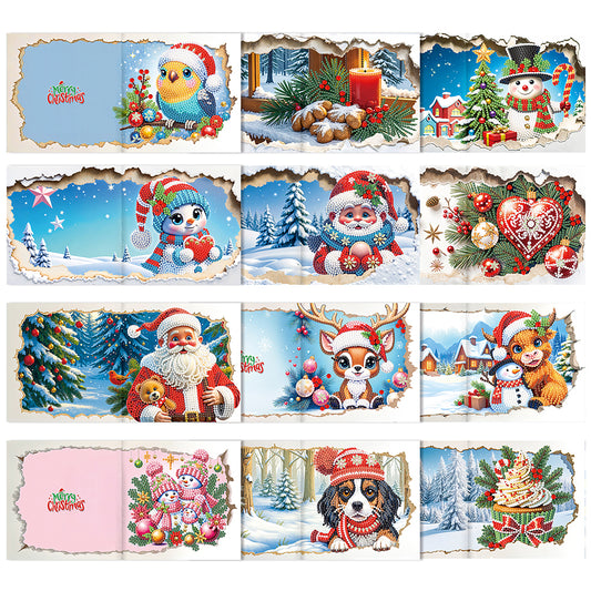 12PCS DIY Xmas Pattern Diamond Art Greeting Cards for Festivals and Celebrations