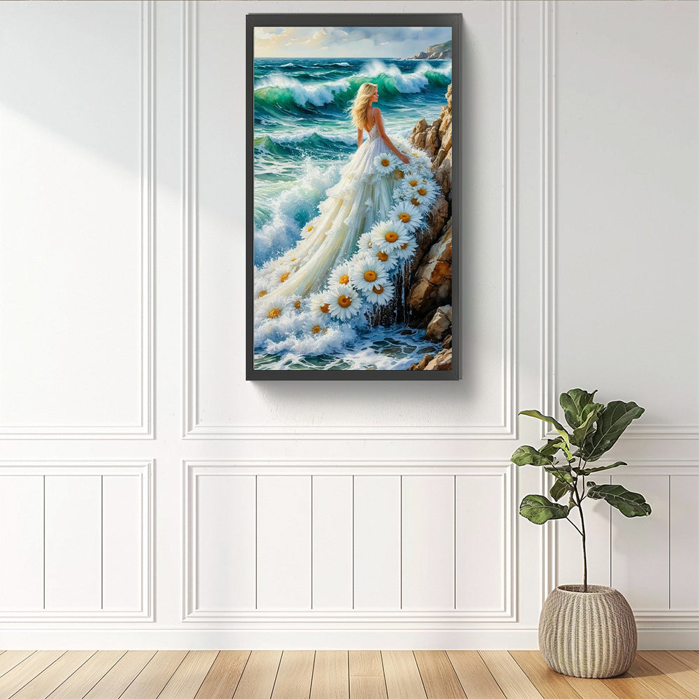 Girl In Flower Skirt On Seaside - Full Round Drill Diamond Painting 40*70CM