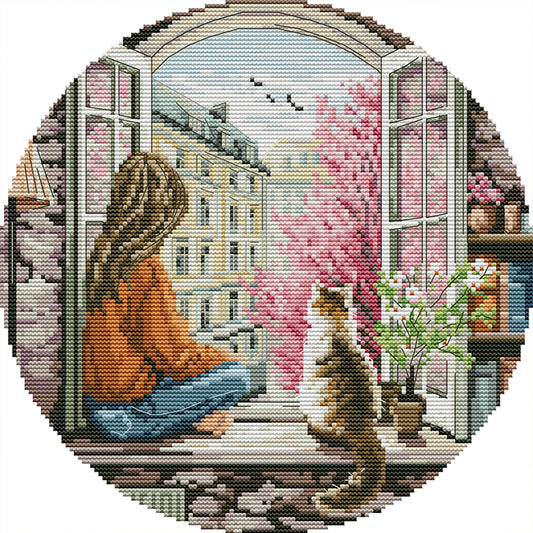 Spring Window-Girl - 14CT Stamped Cross Stitch 31*31CM(Joy Sunday)