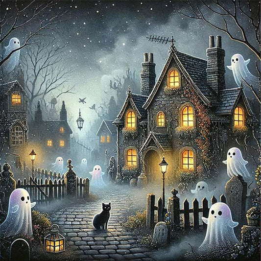 Halloween Black Cat Town - 11CT Stamped Cross Stitch 50*50CM