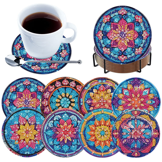 8pcs DIY Diamond Painting Coasters Kits Wooden Diamond Coaster Craft with Holder