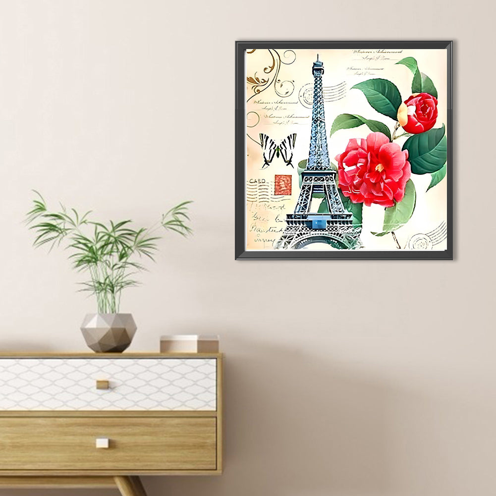 Eiffel Tower And Camellias - Full Round Drill Diamond Painting 30*30CM
