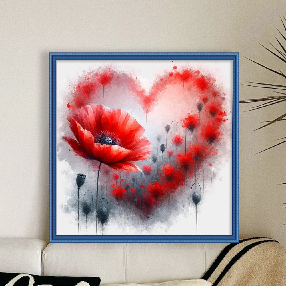 Love Heart Poppy - 11CT Stamped Cross Stitch 40*40CM