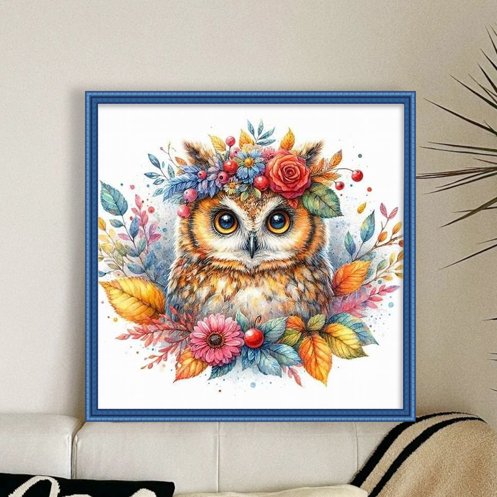 Owl With Flowers - 11CT Stamped Cross Stitch 40*40CM