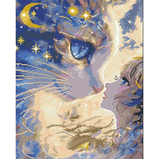 Cartoon Girl Cat - 11CT Stamped Cross Stitch 40*50CM(Mona Lisa Brand)