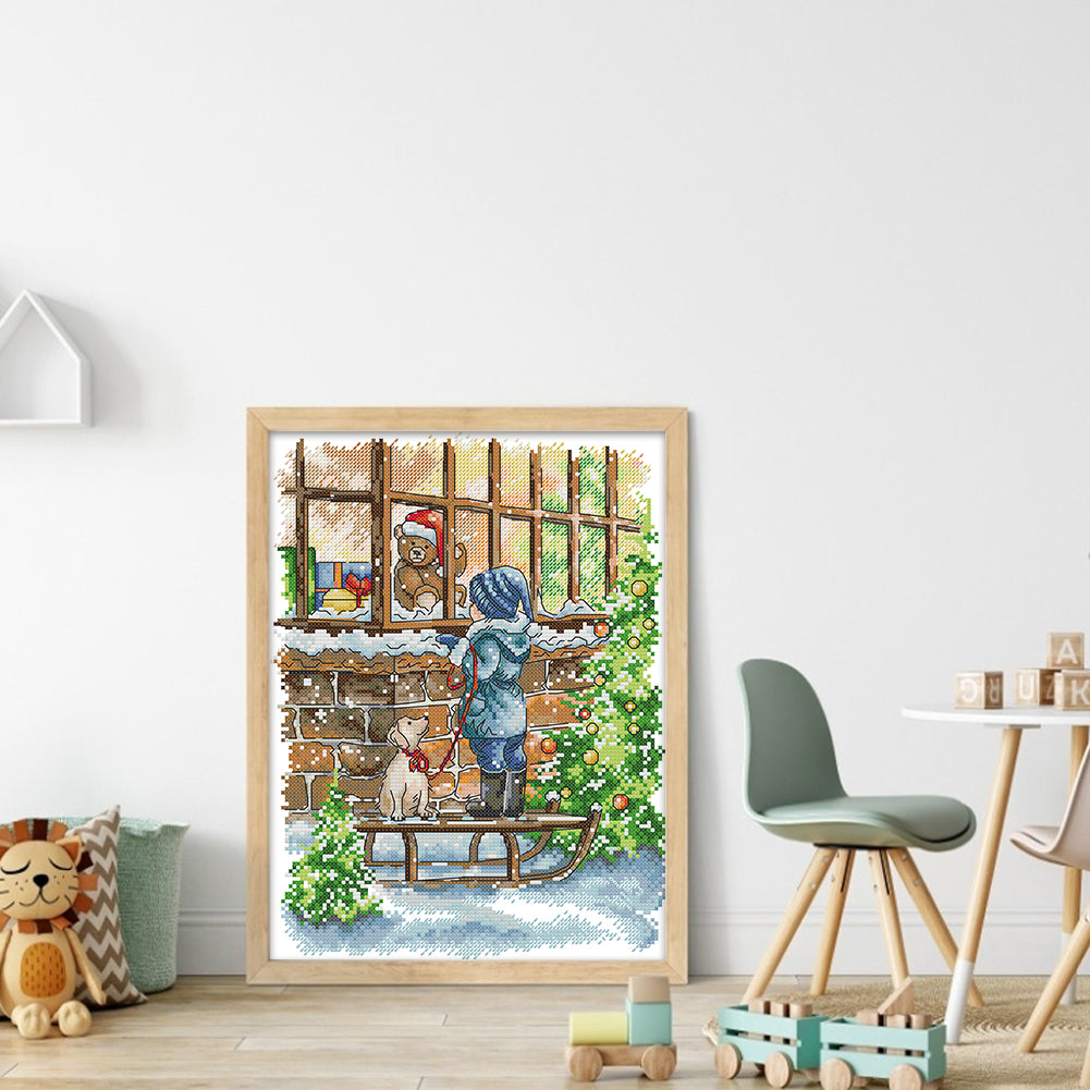 New Year'S Christmas Window Display - 14CT Stamped Cross Stitch 26*33CM(Joy Sunday)