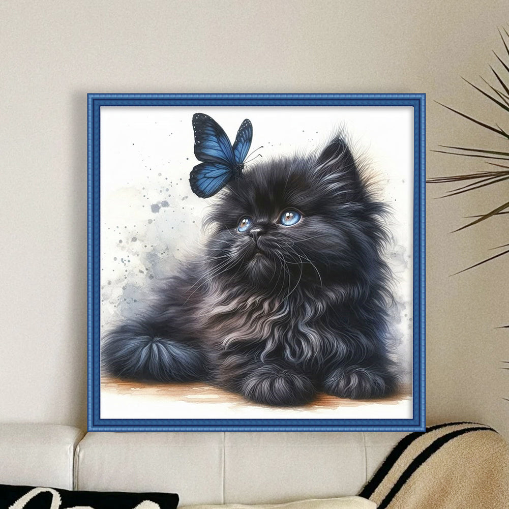 Butterfly And Black Cat - 18CT Stamped Cross Stitch 25*25CM