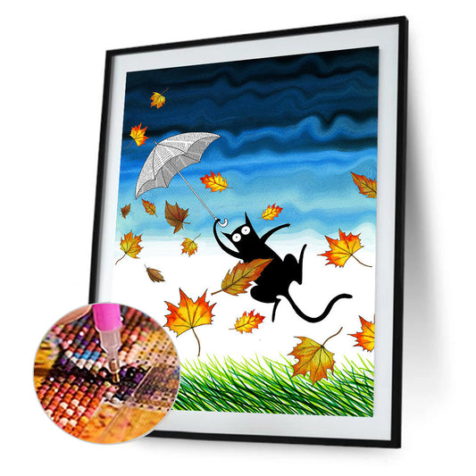 Fallen Leaves And Black Cat - Full Round Drill Diamond Painting 40*50CM