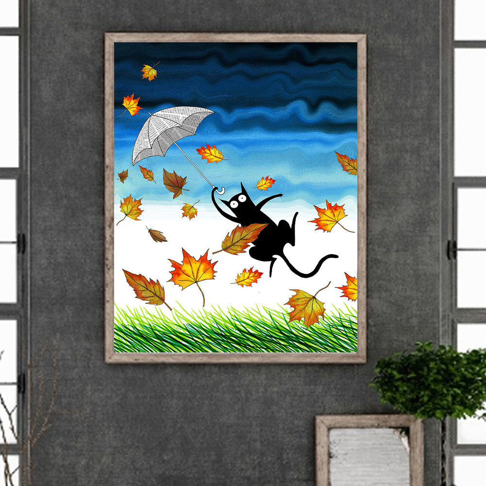 Fallen Leaves And Black Cat - Full Round Drill Diamond Painting 40*50CM