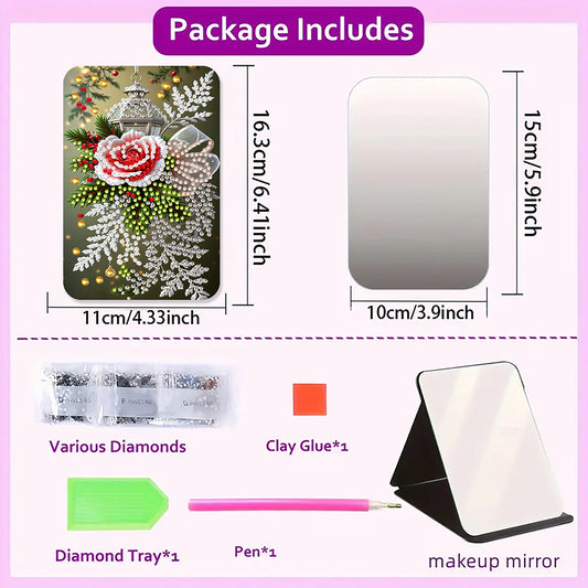 DIY Diamond Art Shiny Crystal Mirror Lightweight Standing Makeup Mirror (Rose)
