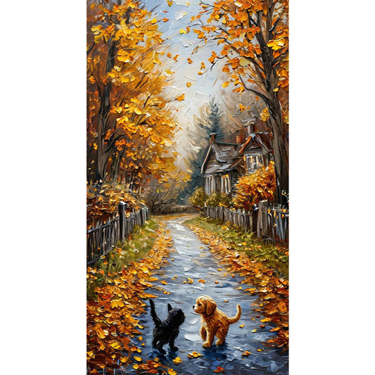 Autumn Path With Cats And Dogs - Full Round Drill Diamond Painting 40*70CM