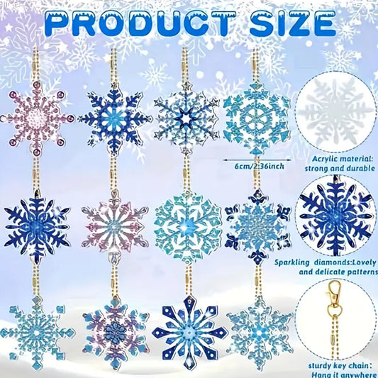 12pcs 2D Flat DIY Diamond Painting Keychain Double Sided Keyrings (Snowflakes)