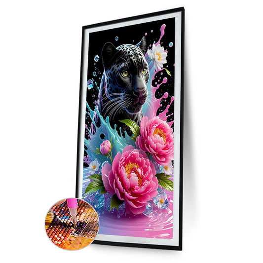 Black Panther And Flowers - Full Round Drill Diamond Painting 40*70CM