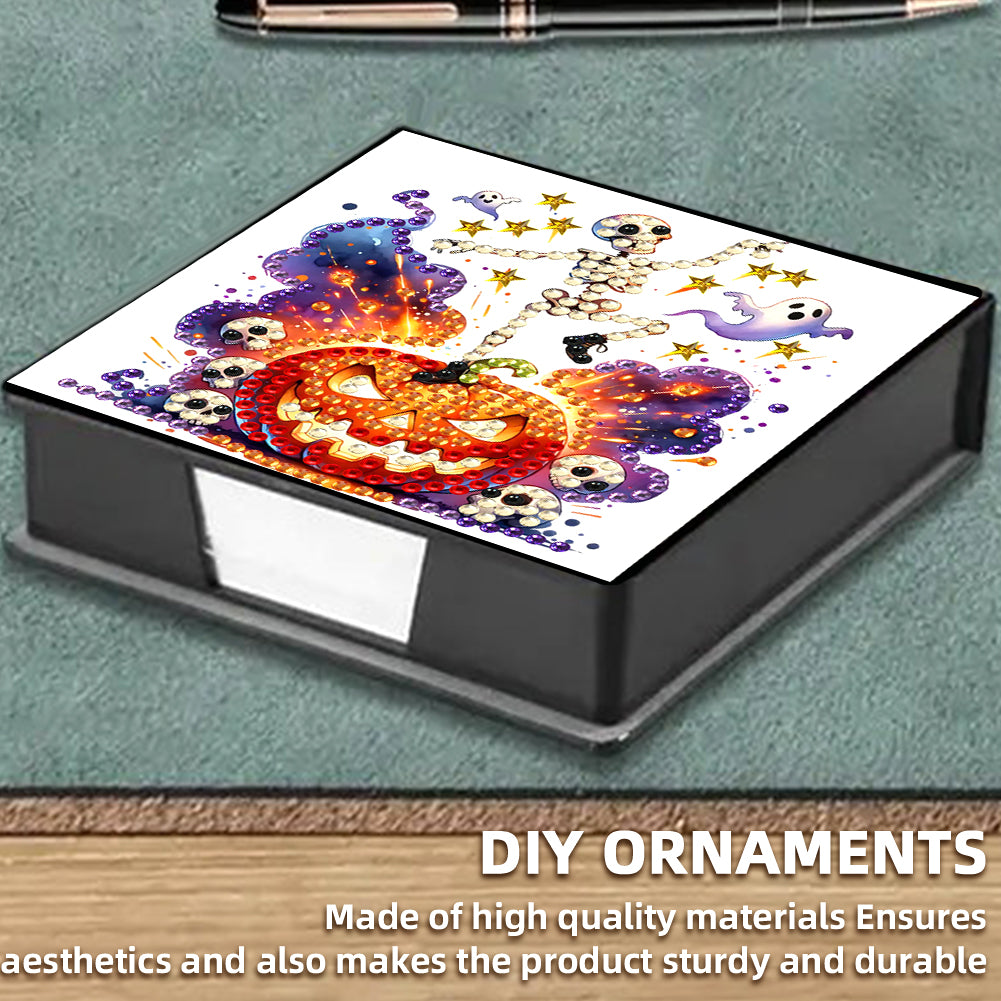 5D DIY PU Diamond Art Note Box with 160 Sheets Paper Memo Pad Holder (Skull)(Halloween)