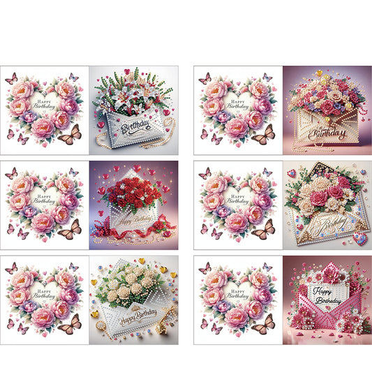 6pcs DIY Birthday Flowers Diamond Art Greeting Cards for Birthday Blessings