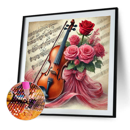 Violin And Red Roses - Full Round Drill Diamond Painting 40*40CM