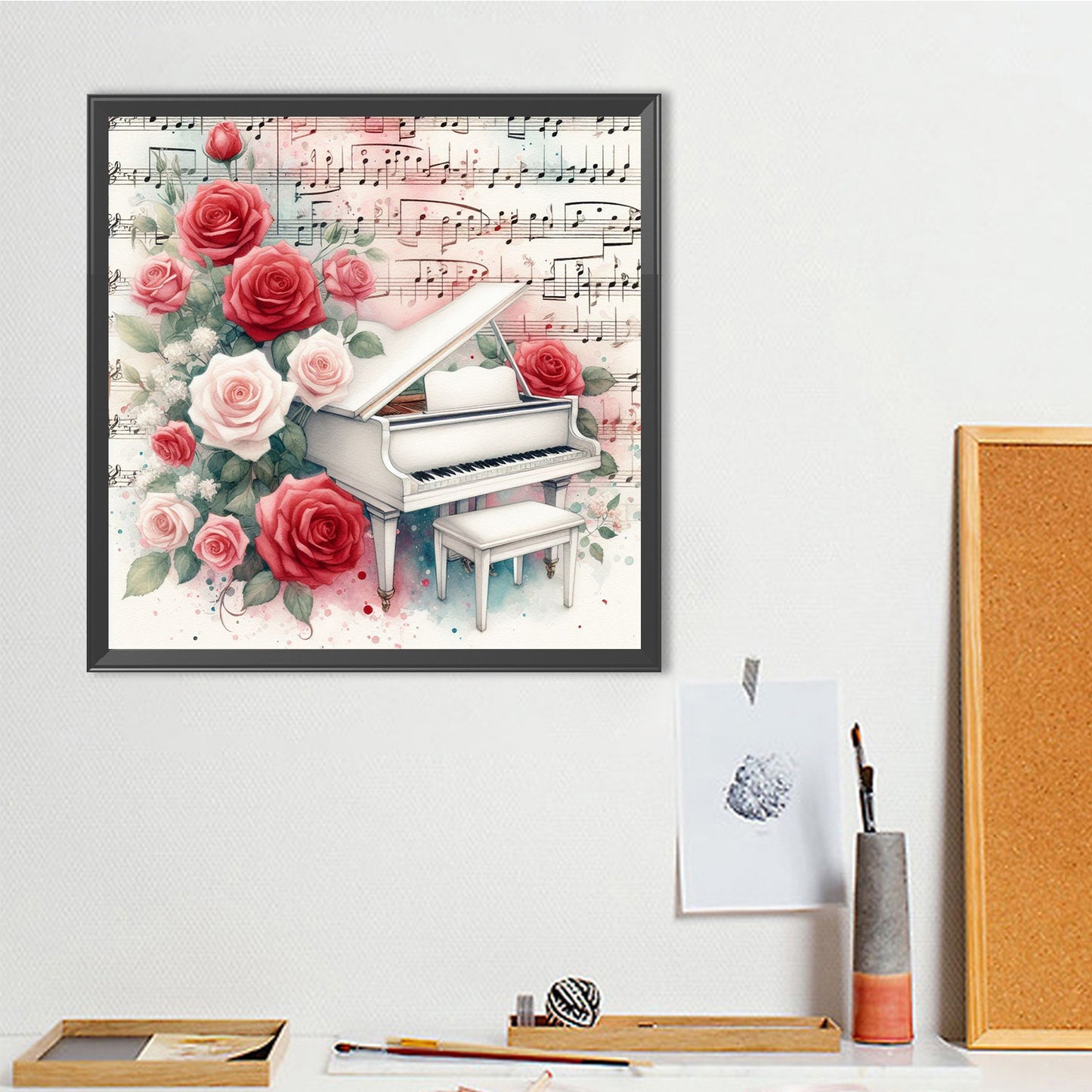 Piano And Red Roses - Full Round Drill Diamond Painting 40*40CM