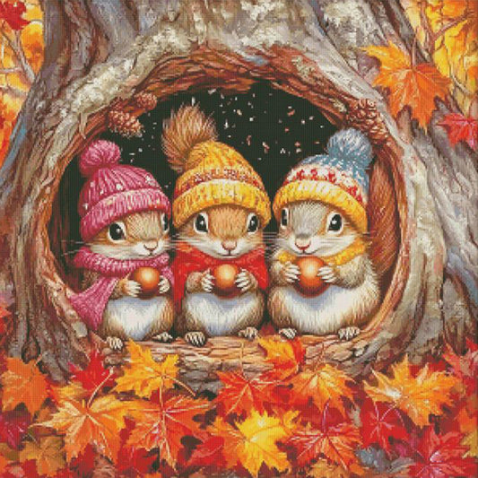 Three Little Squirrels In Autumn - 14CT Stamped Cross Stitch 65*65CM(Egyptian cotton)(Fairy Brand)