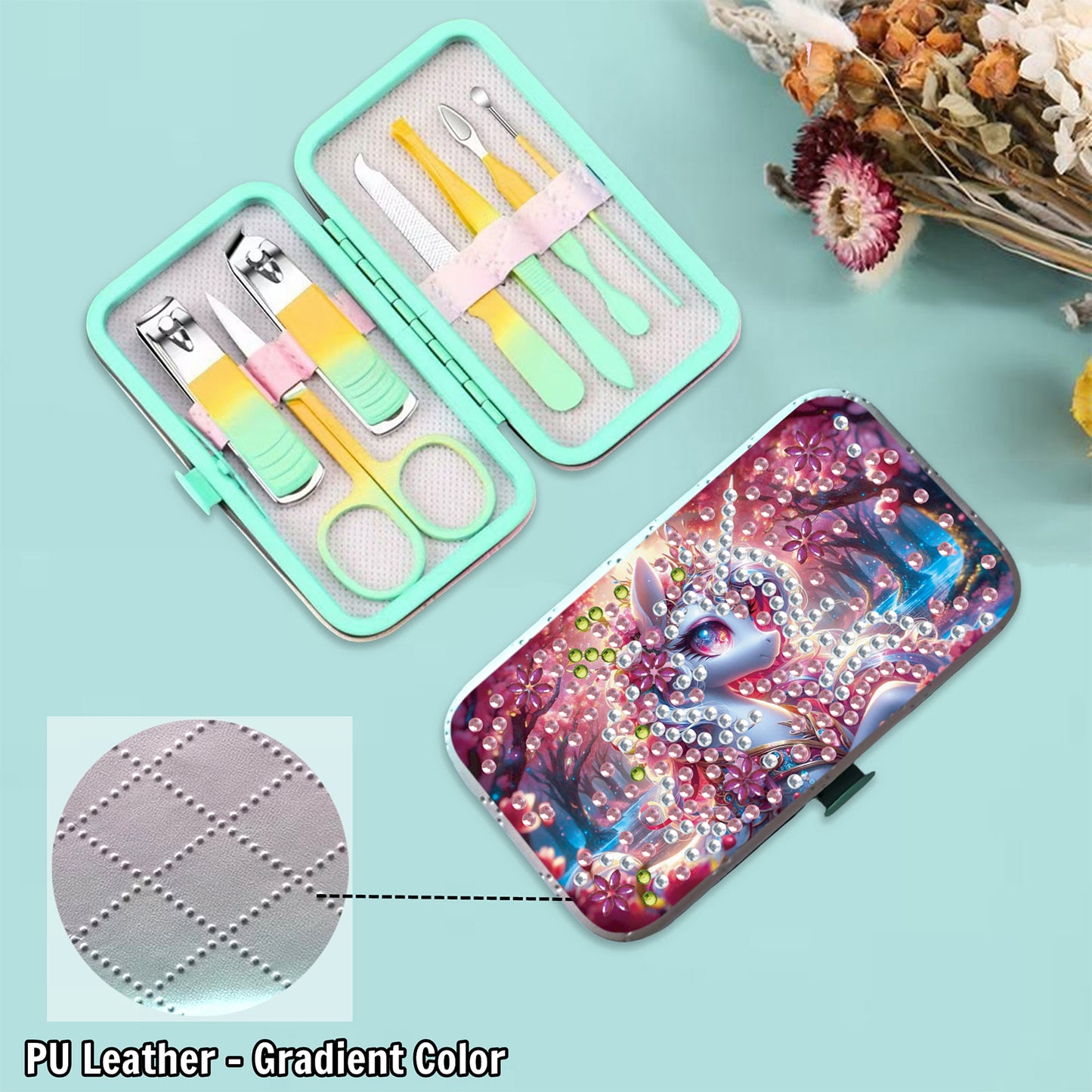 Pink White Horse Diamond Painting Nail Art Bag Set Includes 7 Professional Tools