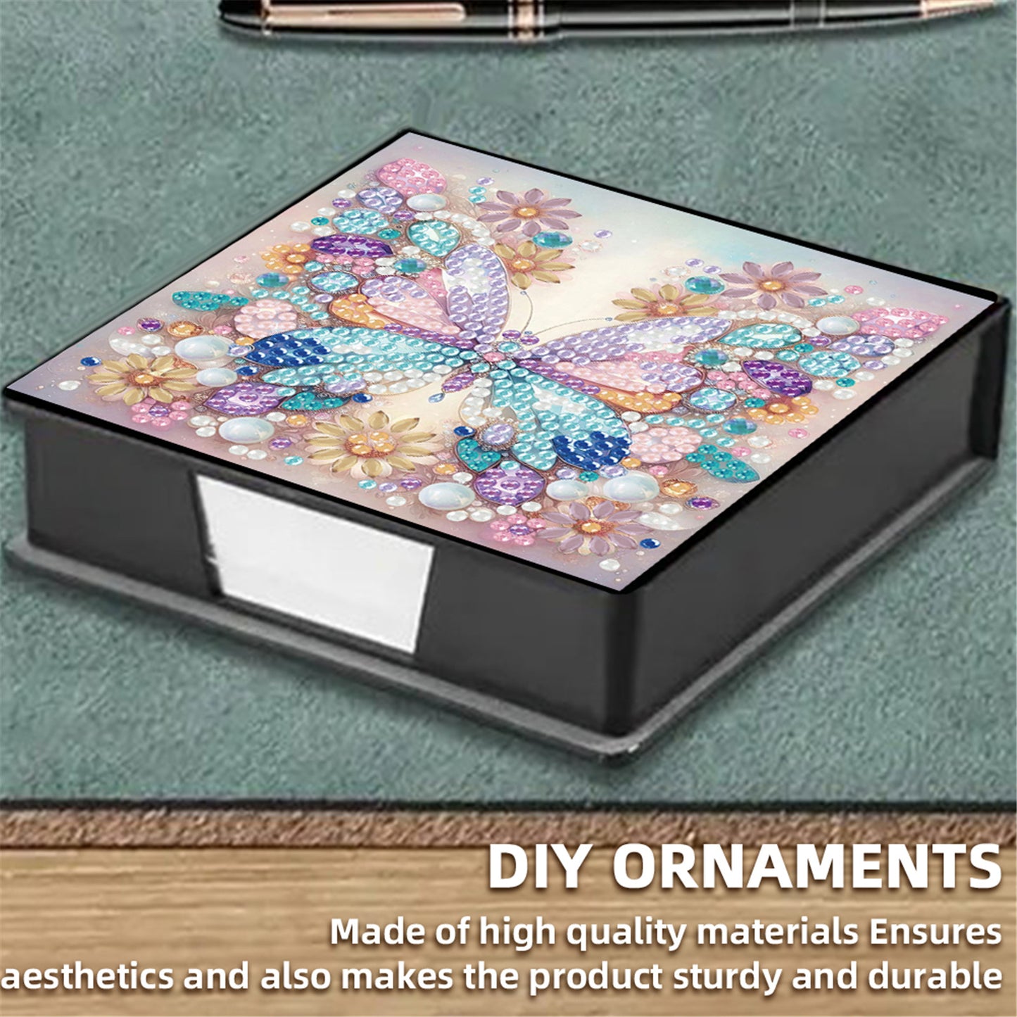 5D Butterfly DIY PU Diamond Painting Notecard Box with 160 Sheets Paper Holder
