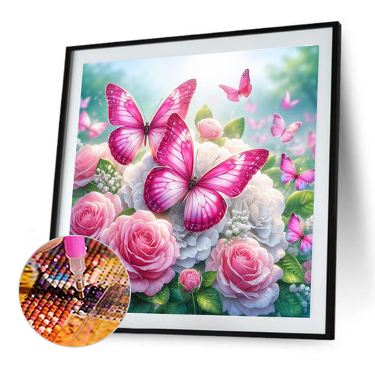 Butterfly And Flowers - Full Round Drill Diamond Painting 30*30CM