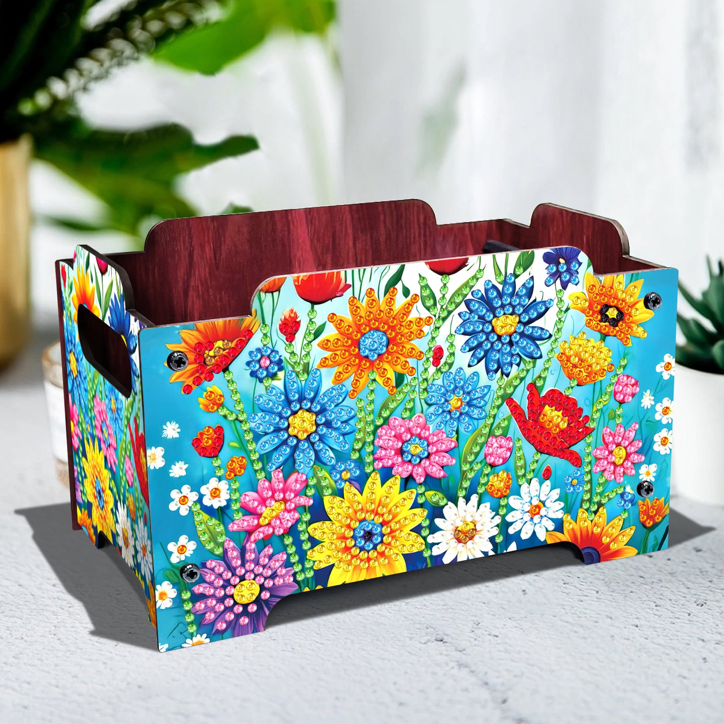 5D DIY Diamond Painting Art Decorative Storage Box Wood Storage Clutch (Flower)