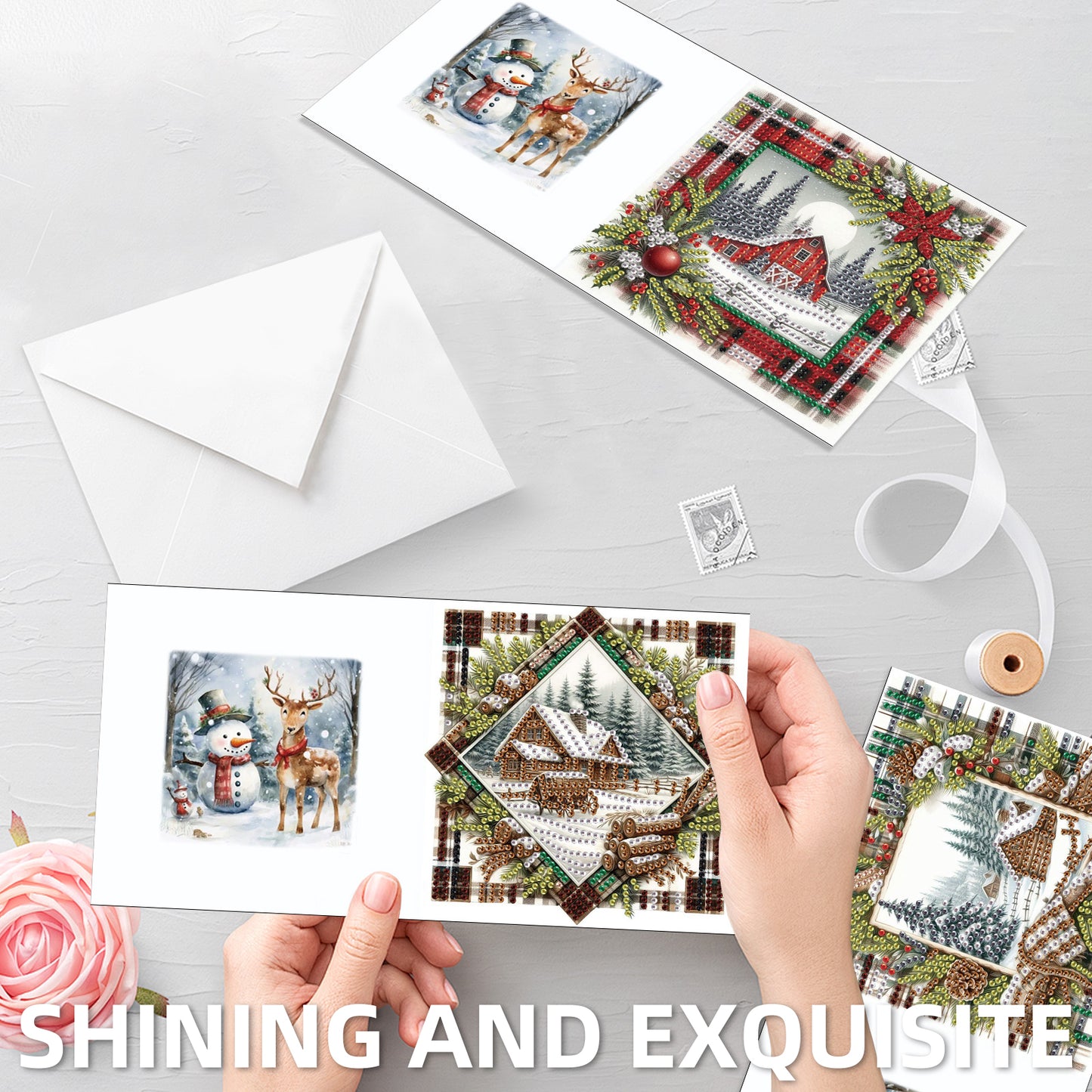 6PCS DIY Diamond Art Greeting Cards Christmas Snow Scene Congratulations Cards