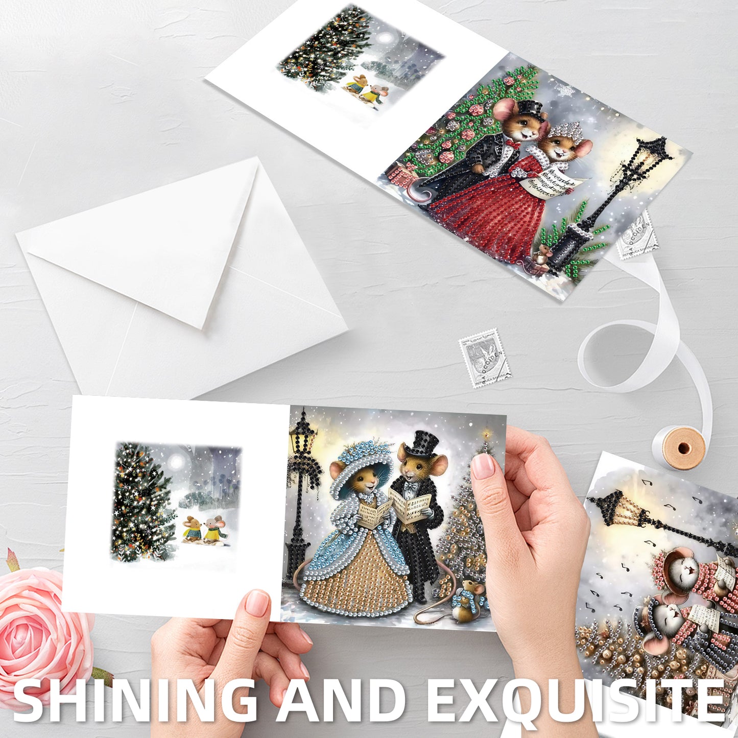 6PCS DIY Diamond Art Greeting Cards Christmas Mouse Congratulations Cards Gift