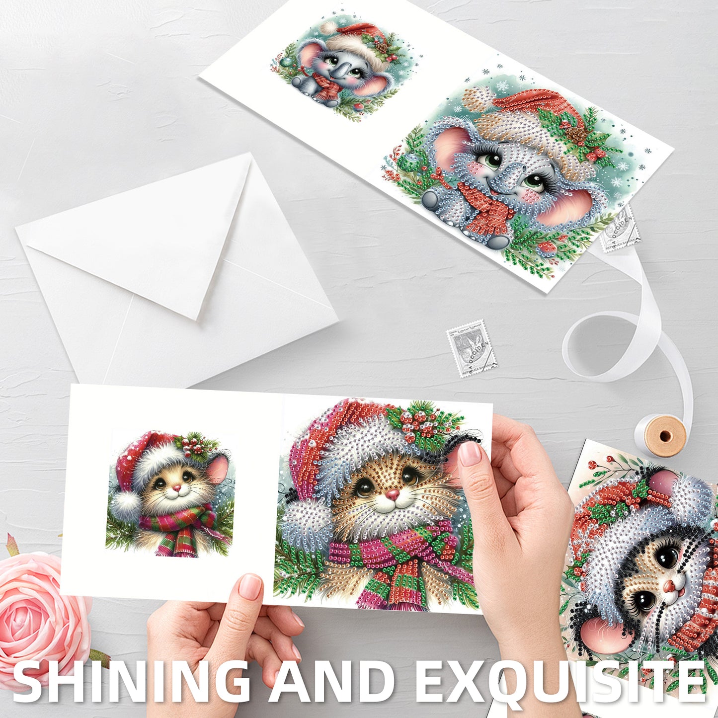 6PCS DIY Diamond Art Greeting Cards Christmas Animal Congratulations Cards Gift