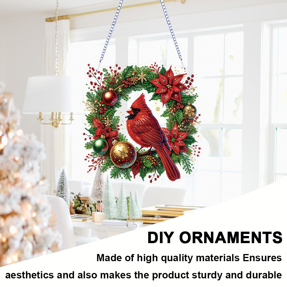 2D Flat DIY Hanging Diamond Art Kits Rhinestone Window Pendant (Cardinal Wreath)