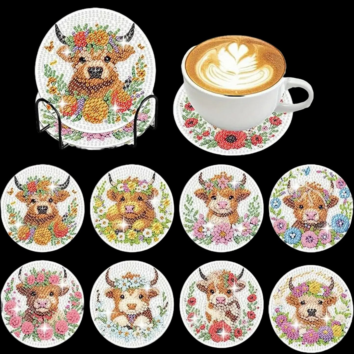8pcs Cartoon DIY Diamond Painting Wooden Coasters Art Kits with Holder (Cow)